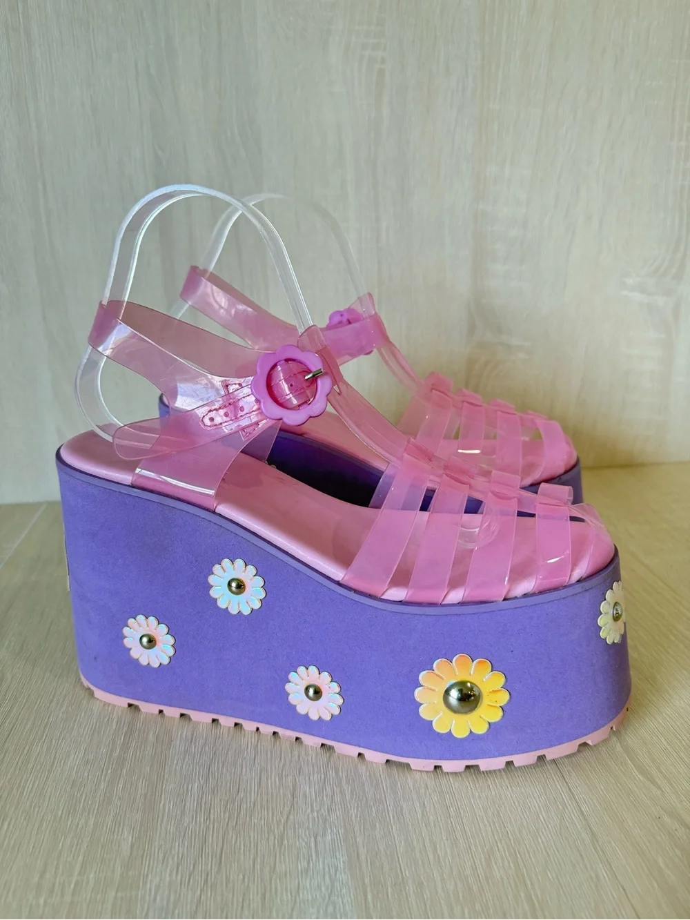 Sugar Thrillz Pink Jelly Platform Sandals Purple Daisy Flower Festival Y2K Sz 9M